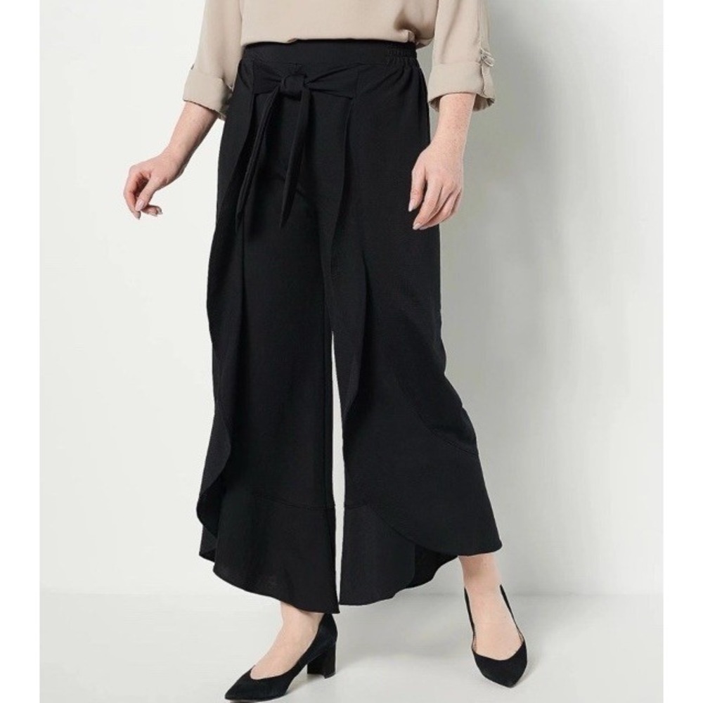 Truth + Style Flounced Stretch Woven Pants Size XL Black Wide Leg A491568